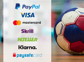 Die Logos von verschiedenen Zahlungsmethoden wie PayPal, Visa oder Mastercard und ein Handball.