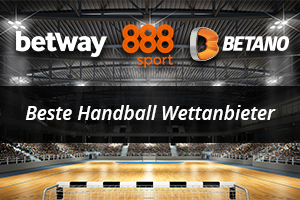 Die Logos der Wettanbieter Betway, Betano und 888sport sowie der Schriftzug “Beste Handball Wettanbieter”.