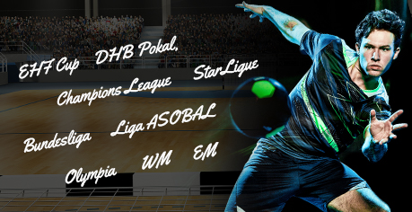 Die Schriftzüge verschiedener Handball Wettbewerbe wie Bundesliga, Olympia oder Liga ASOBAL und ein Handballspieler.